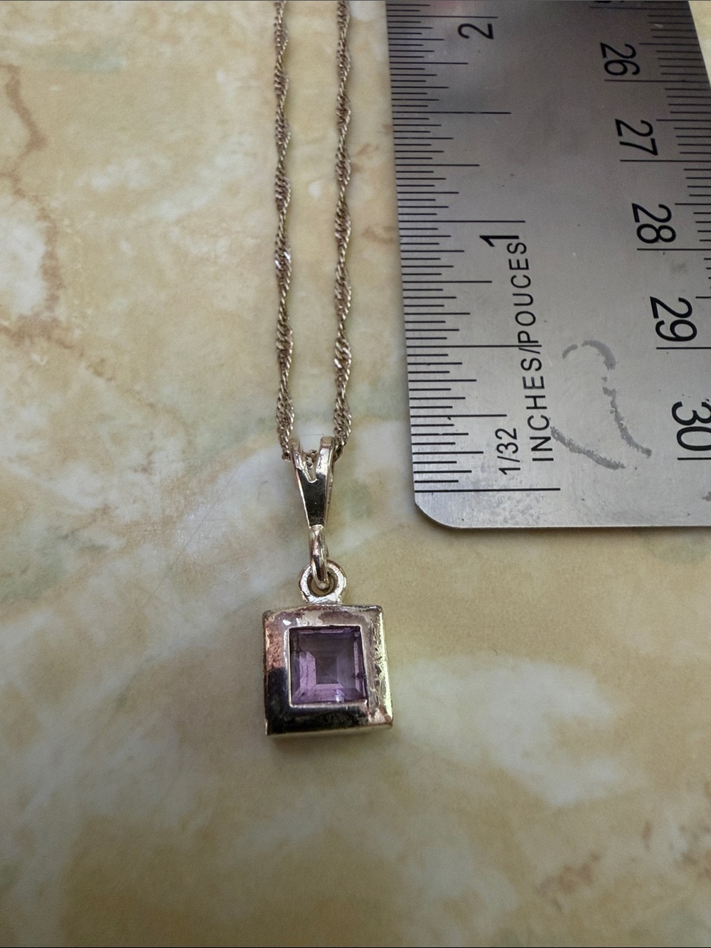 925 Sterling Silver Square Pendant 16” 925 Necklace with Light Purple Stone